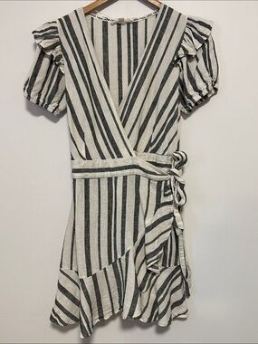 Shabby Chic Linen Blend Black & White Striped Wrap Mini Dress
